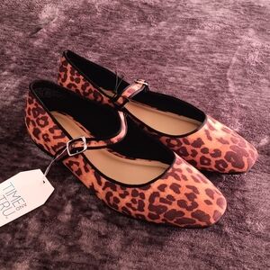 NWT Time And Tru Leopard Print Flats Buckle Square Toe Brown Black Womens Size:8